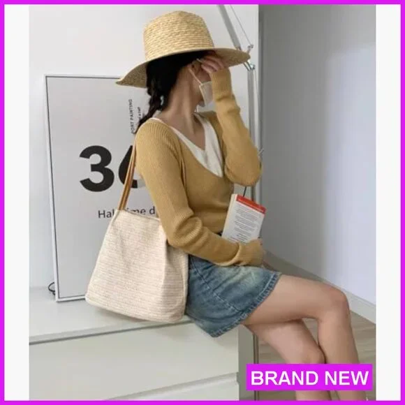 Straw Woven Tote Shoulder Bag Bucket Purse Summer Casual Boho Lightweight - Picture 7 of 7